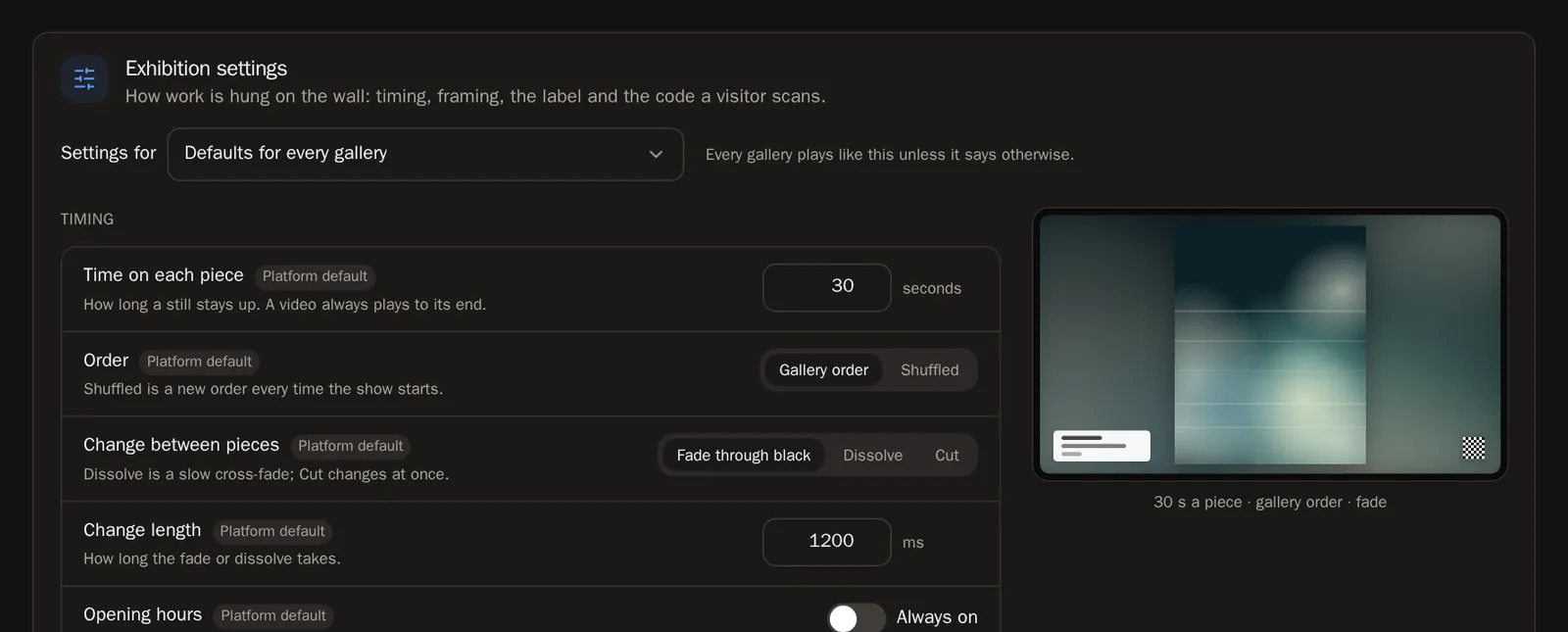 Screenshot of Exhibition settings