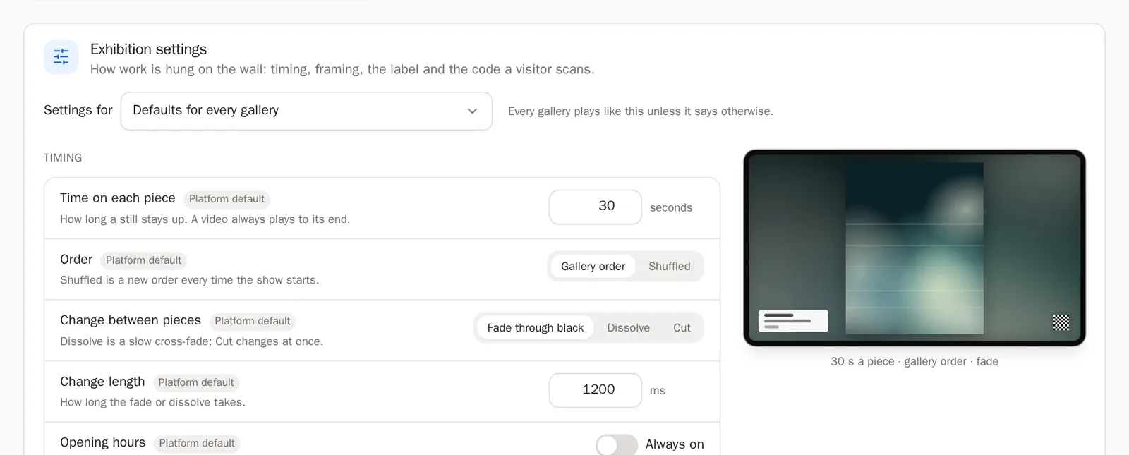 Screenshot of Exhibition settings