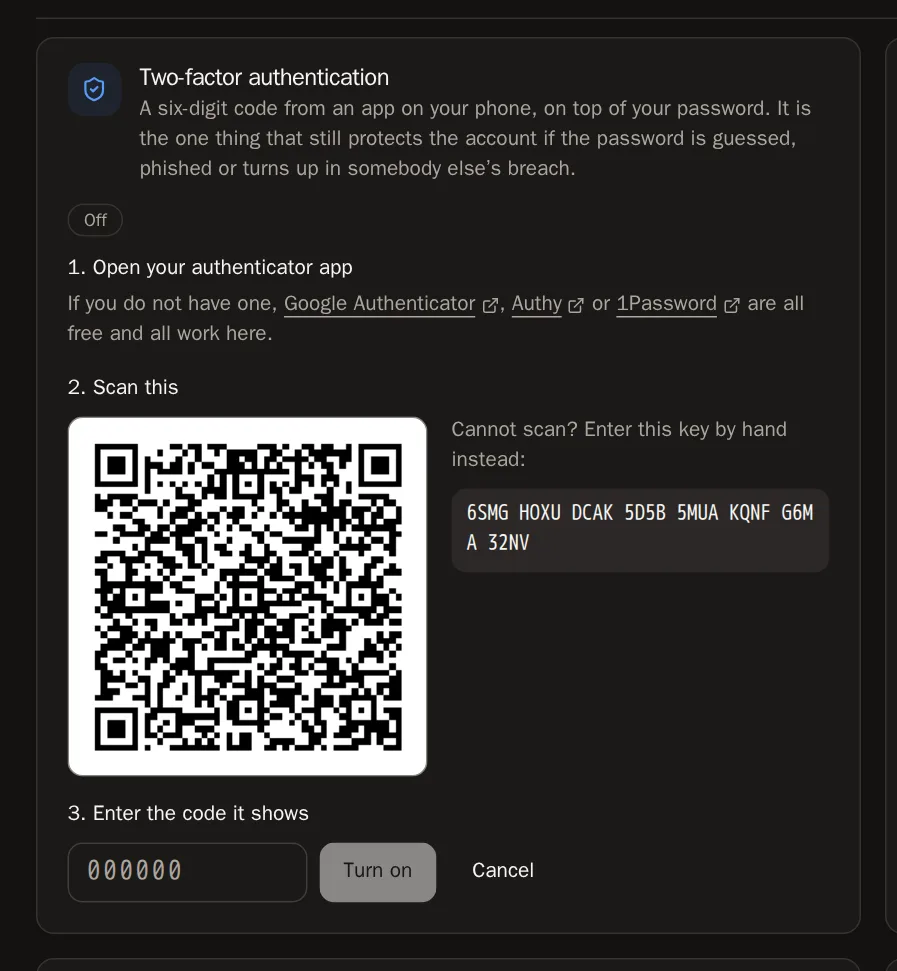 Screenshot of Type the code it shows