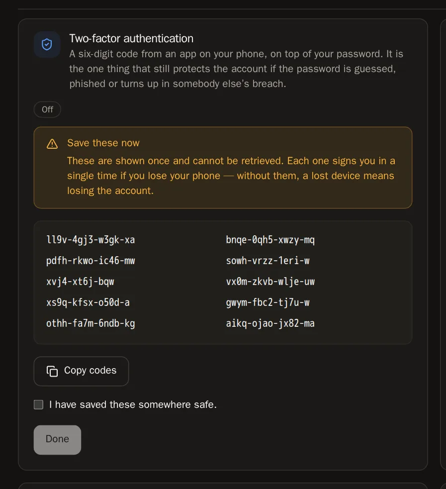 Screenshot of Save your recovery codes
