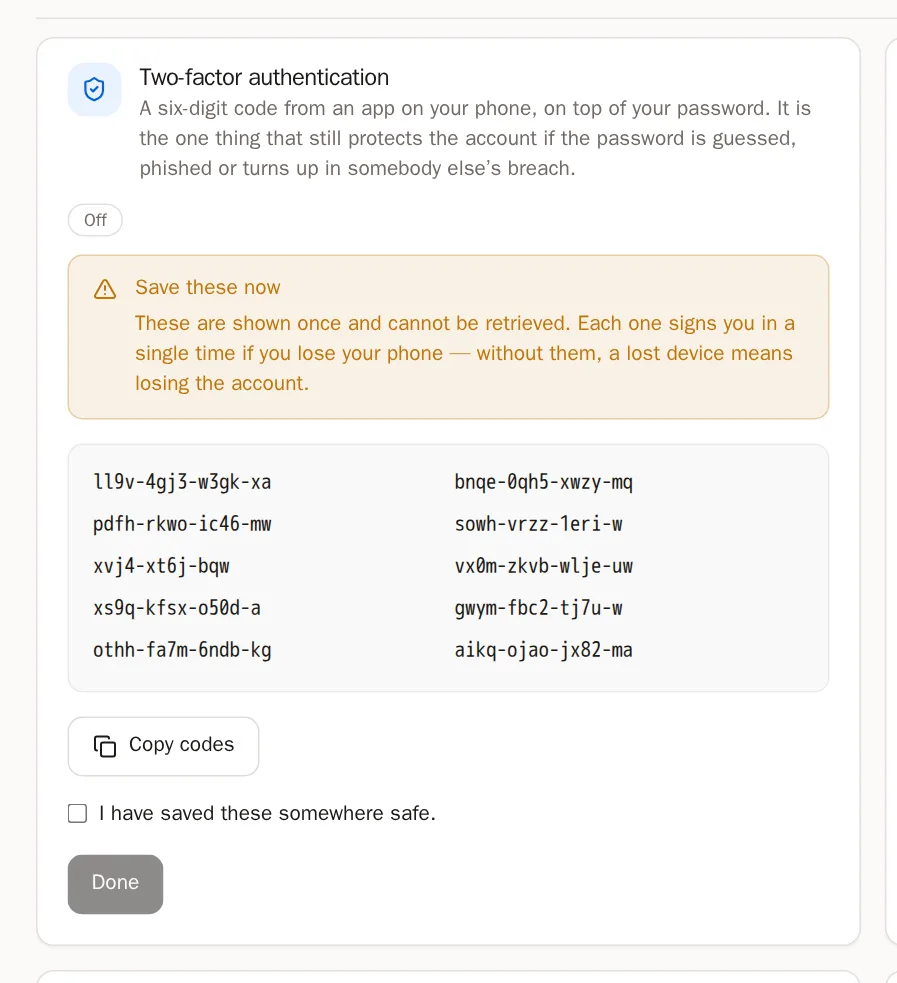 Screenshot of Save your recovery codes