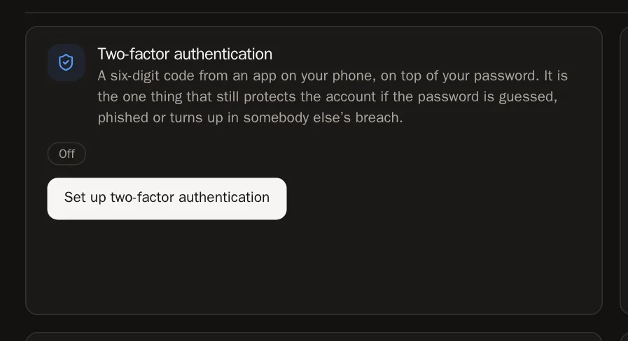 Screenshot of Turn on two-factor authentication